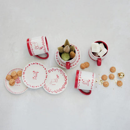 Stoneware Mug with Holiday Design, White & Red (4 Styles)