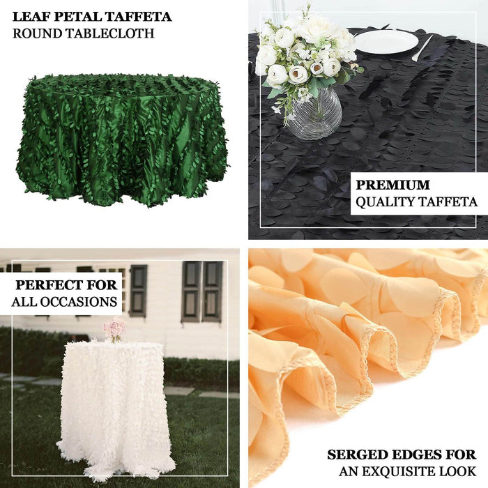 Leaf petal taffeta round tablecloth in green, black, and peach for all occasions.