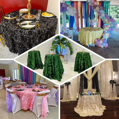 Decorative table covers in various colors and styles for event decor.