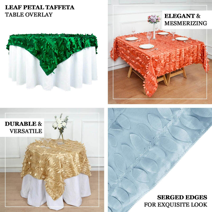 Leaf petal taffeta table overlay in green and orange, elegant and versatile.