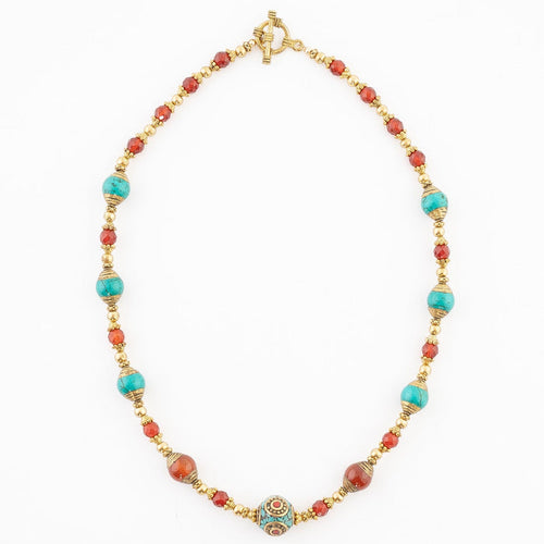 Tibetan Turquoise Carnelian and Brass Necklace