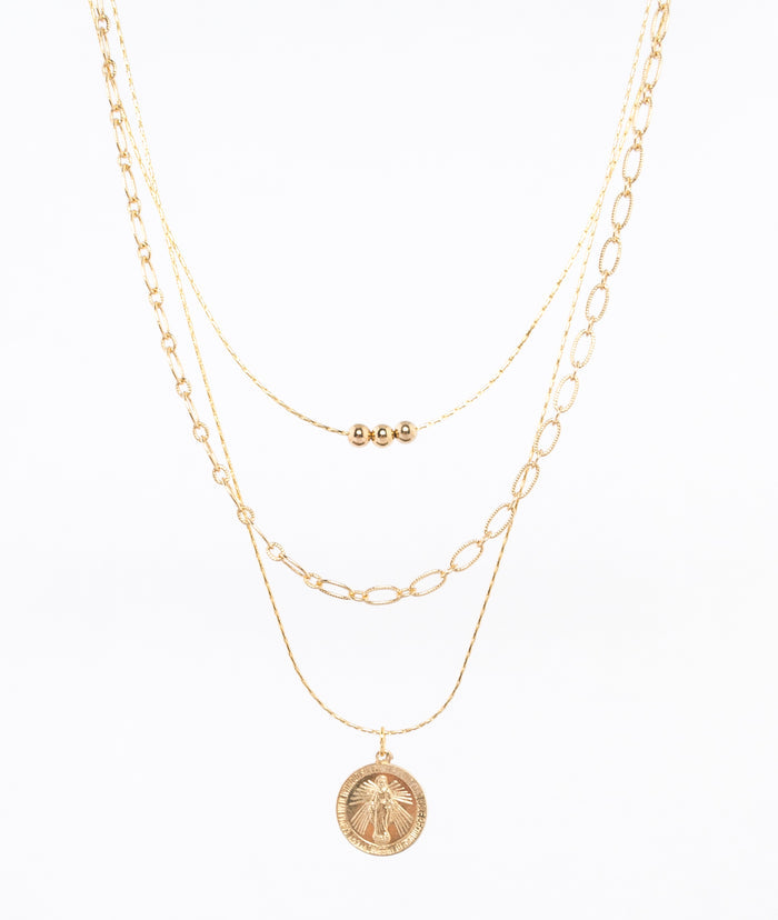 gold filled trio necklace by near and native - virgin mary charm - 14k gold filled beads - locally made