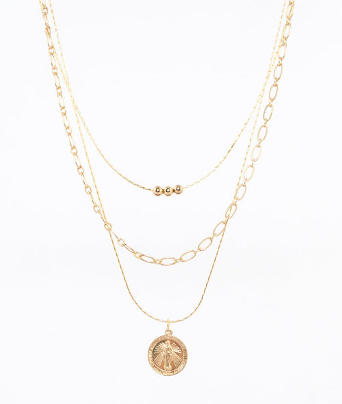 gold filled trio necklace by near and native - virgin mary charm - 14k gold filled beads - locally made